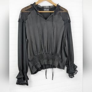 Gracia Black Lace Trim Long Sleeve Satin Cinch Waist Blouse L